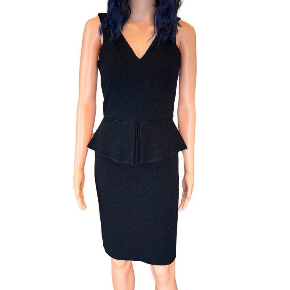 GANNI Anthropologie Eleanor Black Peplum V Neck Pencil Dress Small Cocktail - Picture 2 of 6